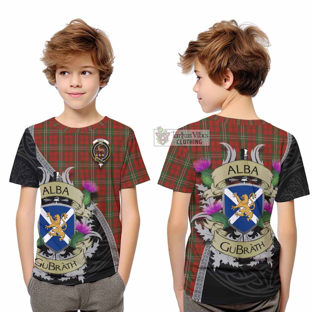 Tartan Vibes Clothing Scott Tartan Family Crest Kid T-Shirt Lion Rampant Royal Thistle Shield Celtic Inspired