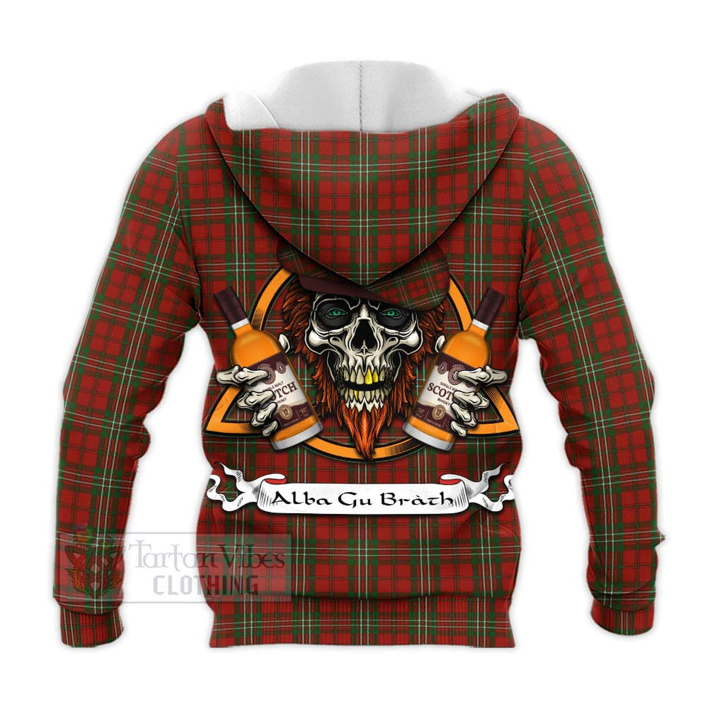 Tartan Vibes Clothing Scott Tartan Knitted Hoodie with Family Crest and Bearded Skull Holding Bottles of Whiskey