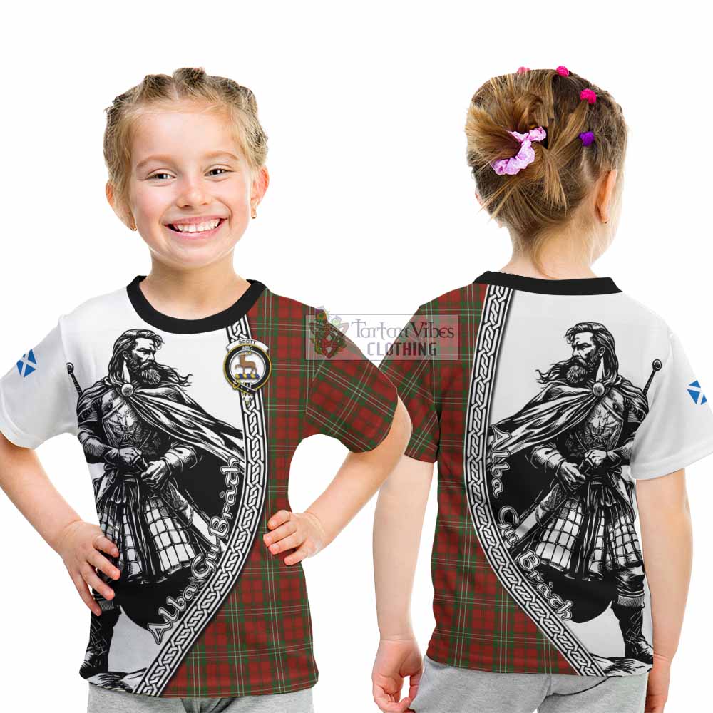 Scott Tartan Clan Crest Kid T-Shirt with Highlander Warrior Celtic Style