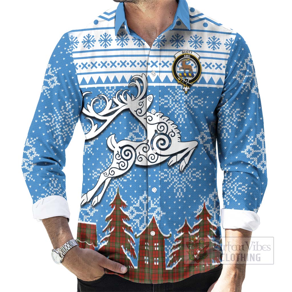 Tartan Vibes Clothing Scott Clan Christmas Long Sleeve Button Shirt Celtic Reindeer Style