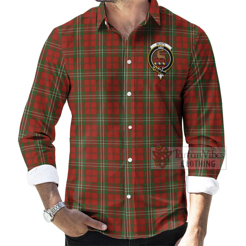 Tartan Vibes Clothing Scott Tartan Long Sleeve Button Shirt with Family Crest and Bearded Skull Holding Bottles of Whiskey