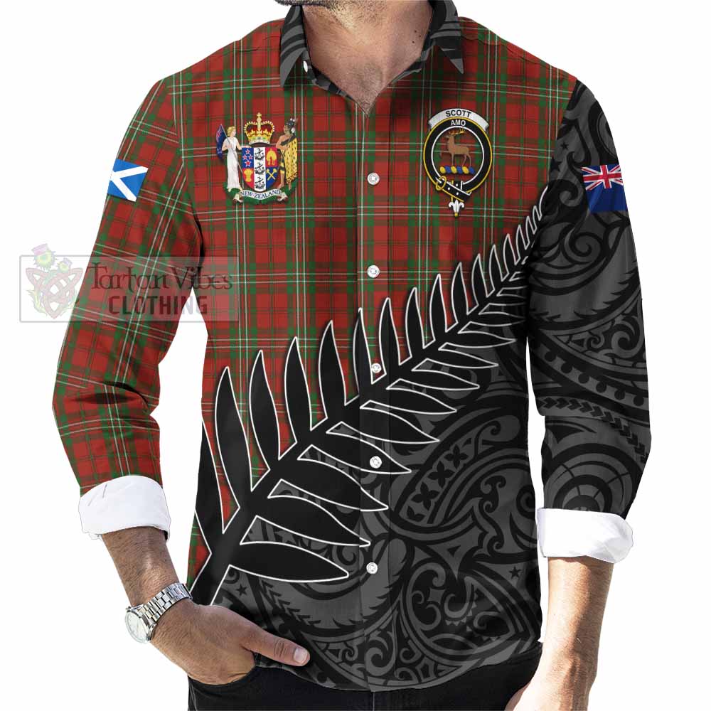 Tartan Vibes Clothing Scott Crest Tartan Long Sleeve Button Shirt with New Zealand Silver Fern Half Style