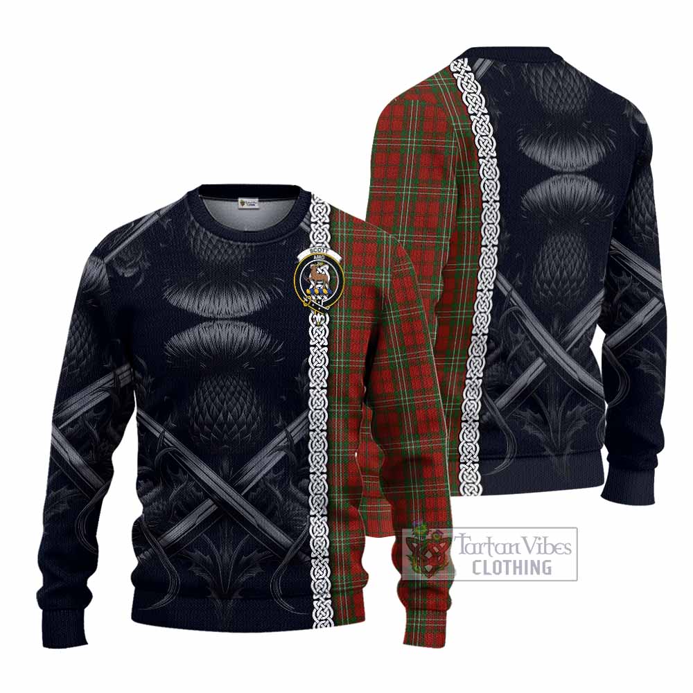 Tartan Vibes Clothing Scott Tartan Knitted Sweater with Family Crest Cross Sword Thistle Celtic Vibes