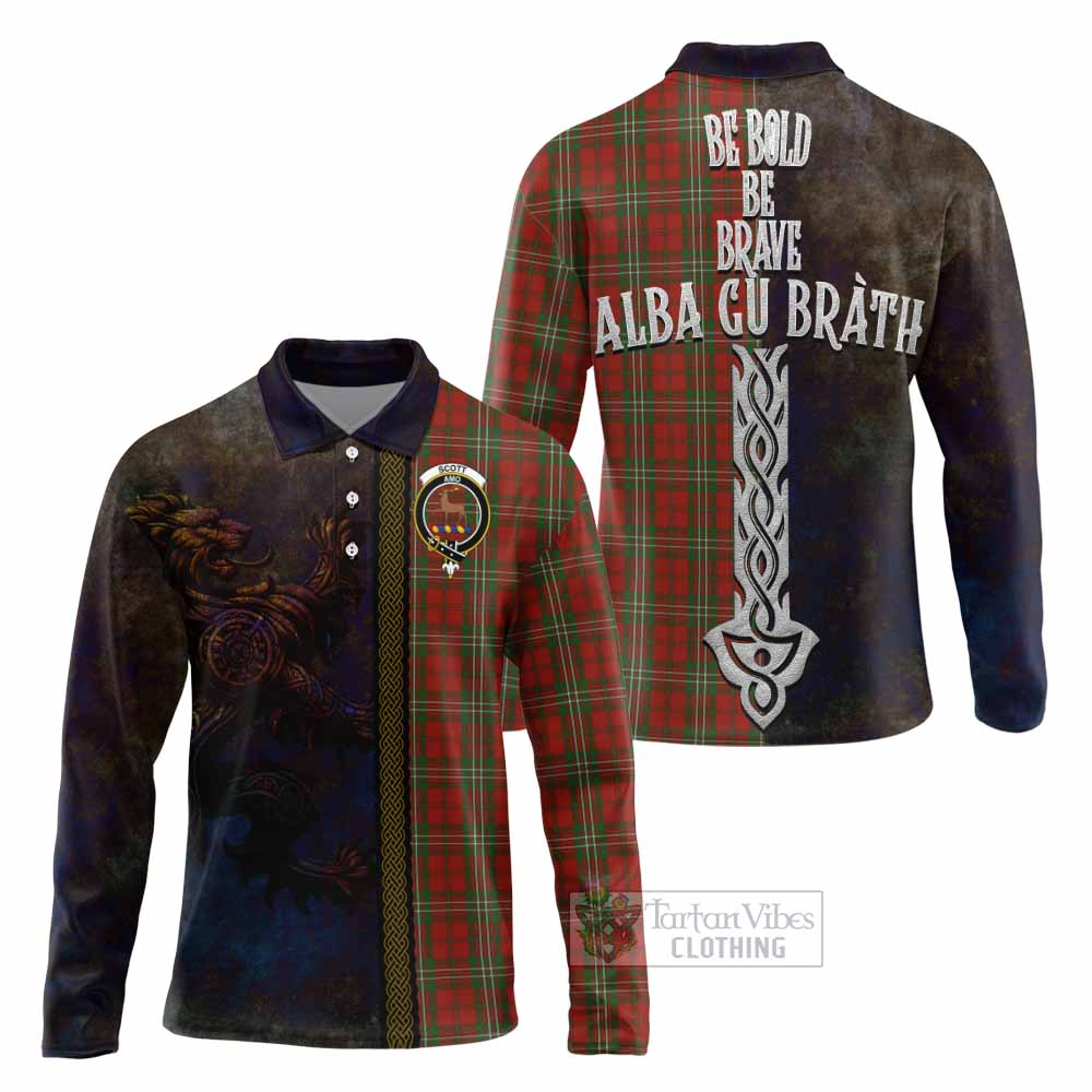 Tartan Vibes Clothing Scott Tartan Family Crest Long Sleeve Polo Shirt Alba Gu Brath Be Brave Lion Ancient Style