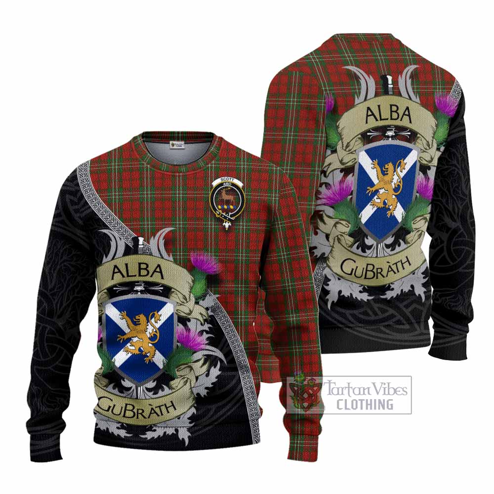 Tartan Vibes Clothing Scott Tartan Family Crest Knitted Sweater Lion Rampant Royal Thistle Shield Celtic Inspired