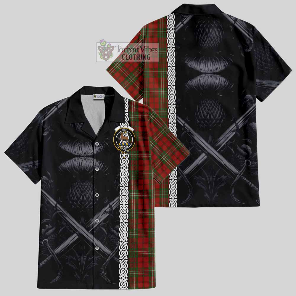 Scott Tartan Hawaiian Shirt with Family Crest Cross Sword Thistle Celtic Vibes - Tartan Vibes Clothing