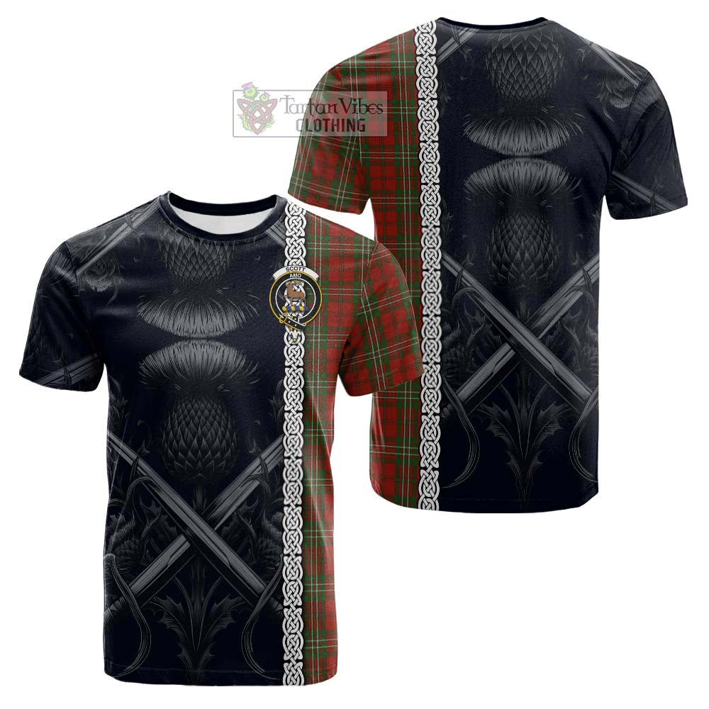 Tartan Vibes Clothing Scott Tartan Cotton T-shirt with Family Crest Cross Sword Thistle Celtic Vibes
