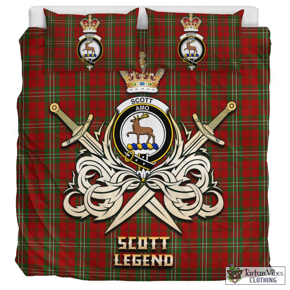 Tartan Vibes Clothing Scott Tartan Bedding Set with Clan Crest and the Golden Sword of Courageous Legacy