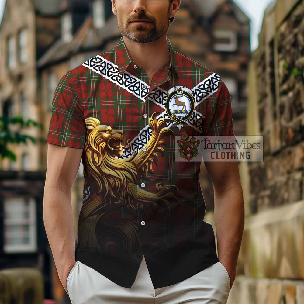 Tartan Vibes Clothing Scott Crest Tartan Short Sleeve Button Shirt with Golden Lion Emblem Celtic Style