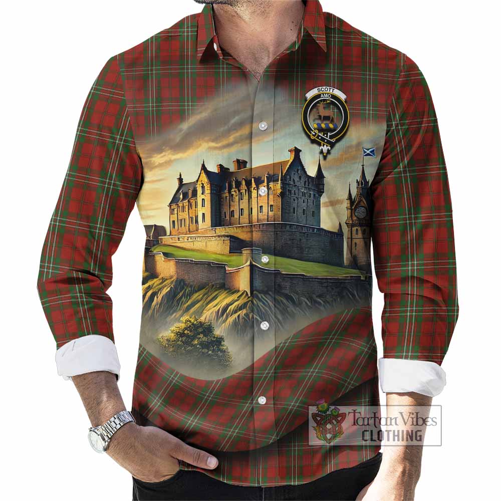 Tartan Vibes Clothing Scott Tartan Family Crest Long Sleeve Button Shirt with Scottish Ancient Castle Style