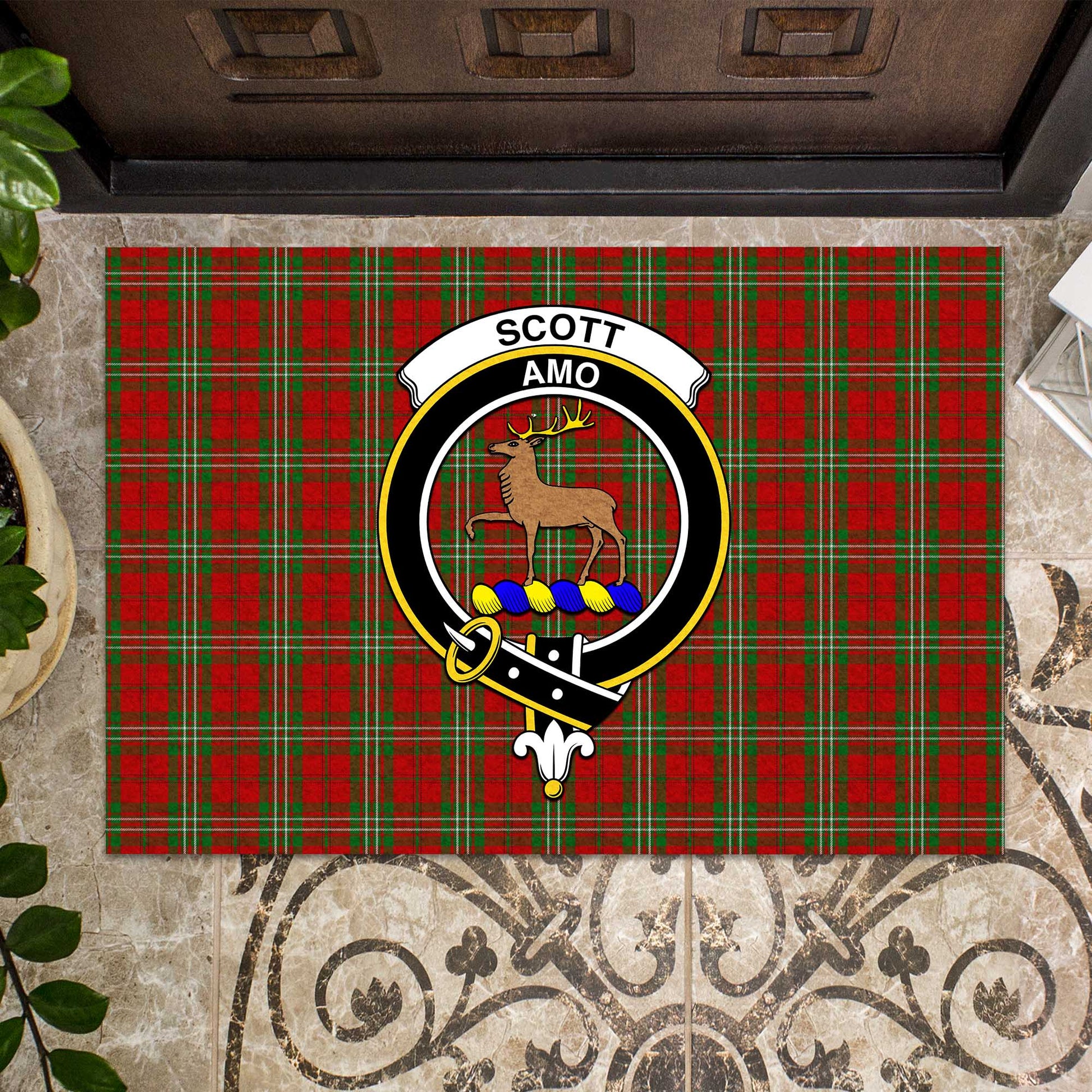 Scott Tartan Door Mat with Family Crest - Tartanvibesclothing Shop