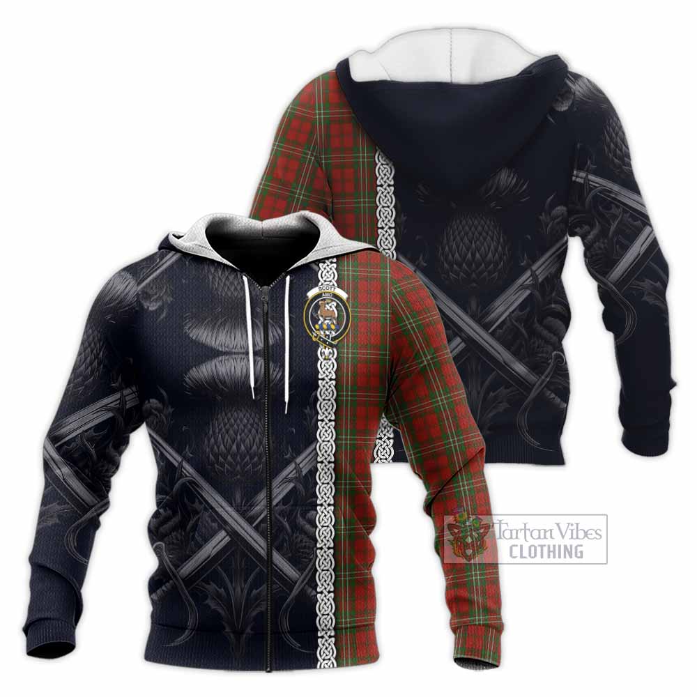 Tartan Vibes Clothing Scott Tartan Knitted Hoodie with Family Crest Cross Sword Thistle Celtic Vibes