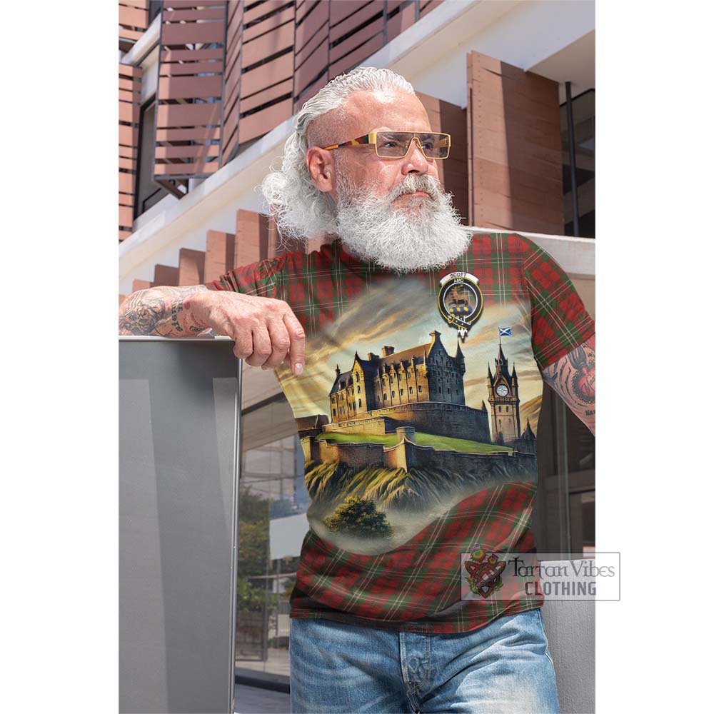 Tartan Vibes Clothing Scott Tartan Family Crest Cotton T-shirt with Scottish Ancient Castle Style