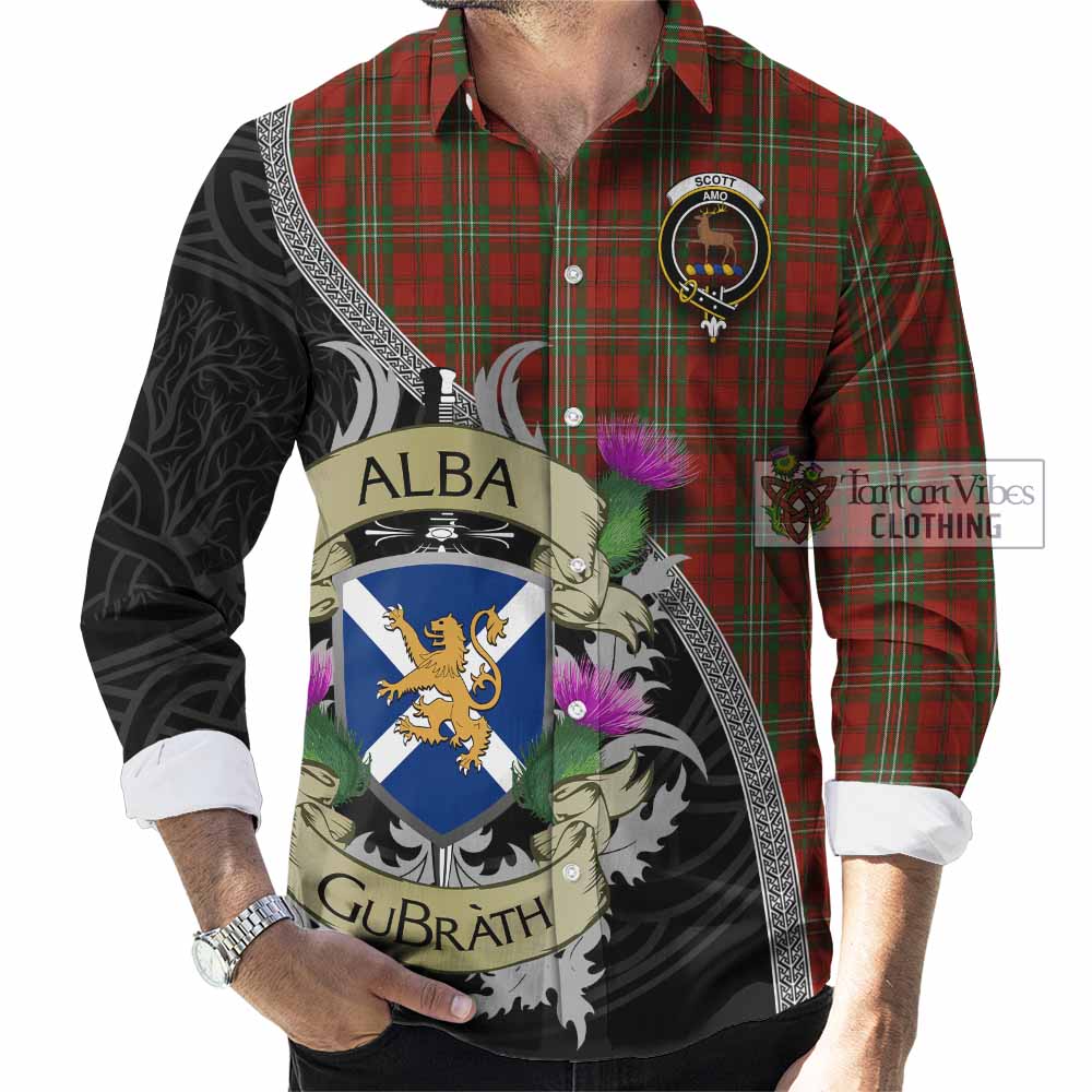 Tartan Vibes Clothing Scott Tartan Family Crest Long Sleeve Button Shirt Lion Rampant Royal Thistle Shield Celtic Inspired