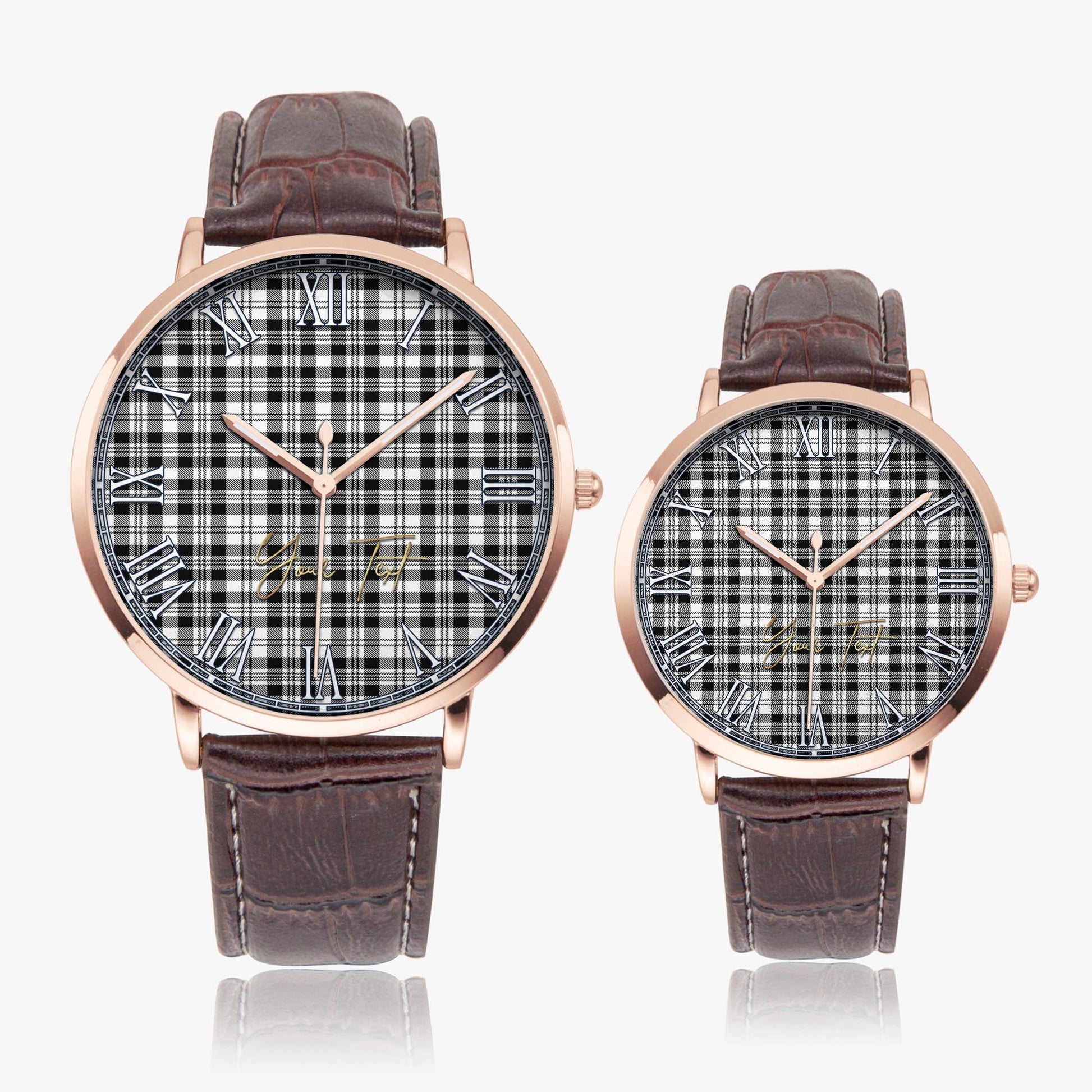 Scott Black White Tartan Personalized Your Text Leather Trap Quartz Watch Ultra Thin Rose Gold Case With Brown Leather Strap - Tartanvibesclothing