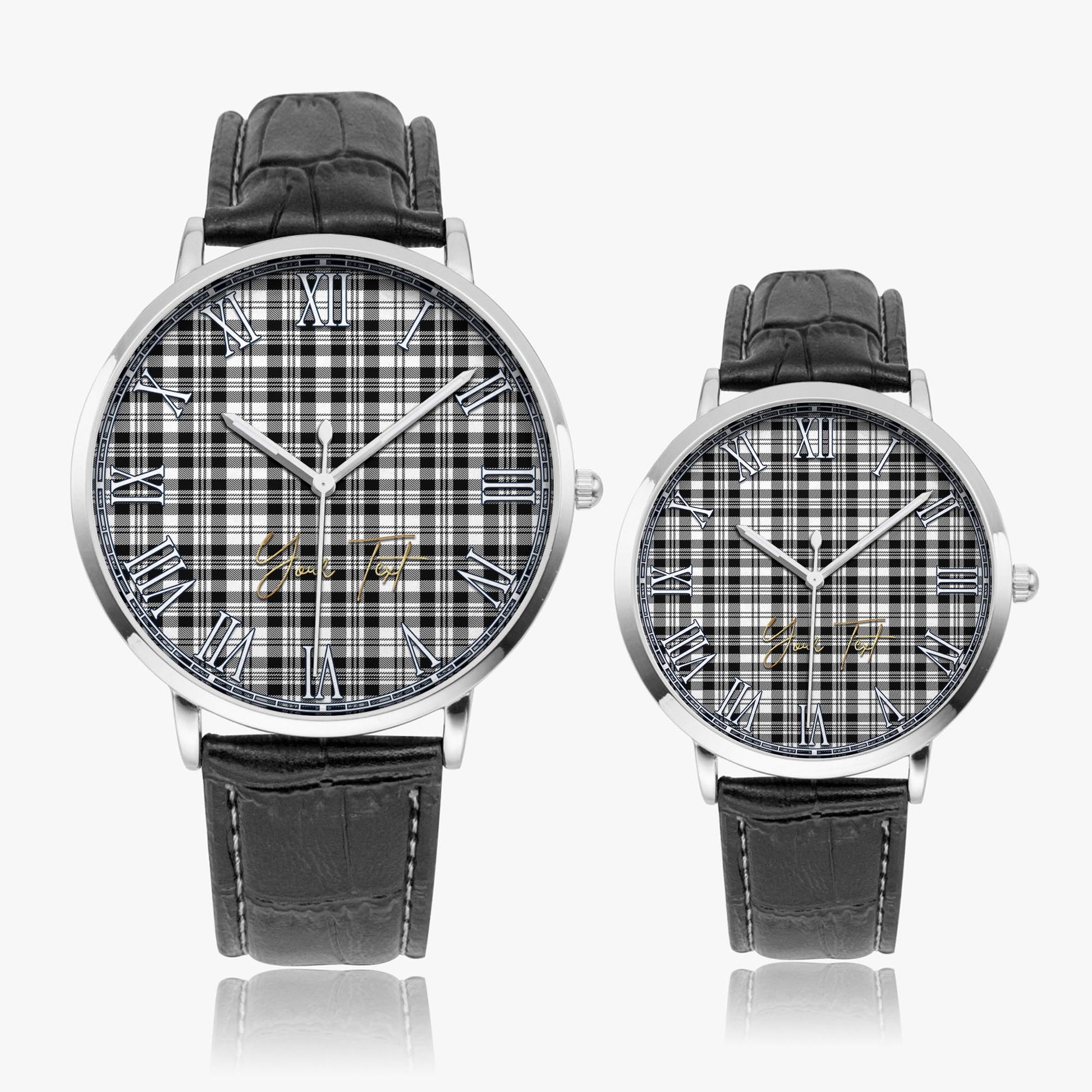 Scott Black White Tartan Personalized Your Text Leather Trap Quartz Watch Ultra Thin Silver Case With Black Leather Strap - Tartanvibesclothing