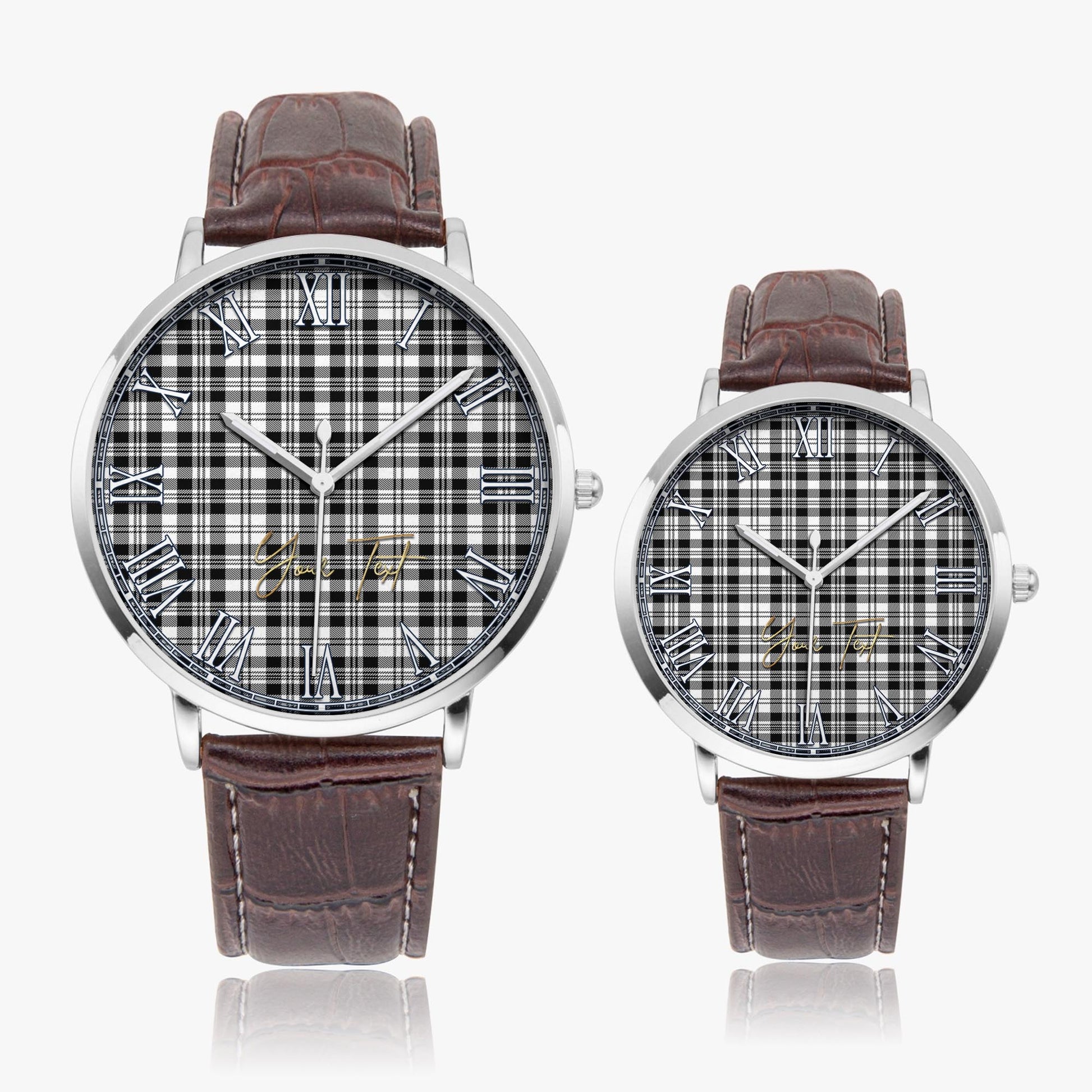 Scott Black White Tartan Personalized Your Text Leather Trap Quartz Watch Ultra Thin Silver Case With Brown Leather Strap - Tartanvibesclothing
