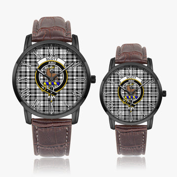 Scott Black White Tartan Family Crest Leather Strap Quartz Watch