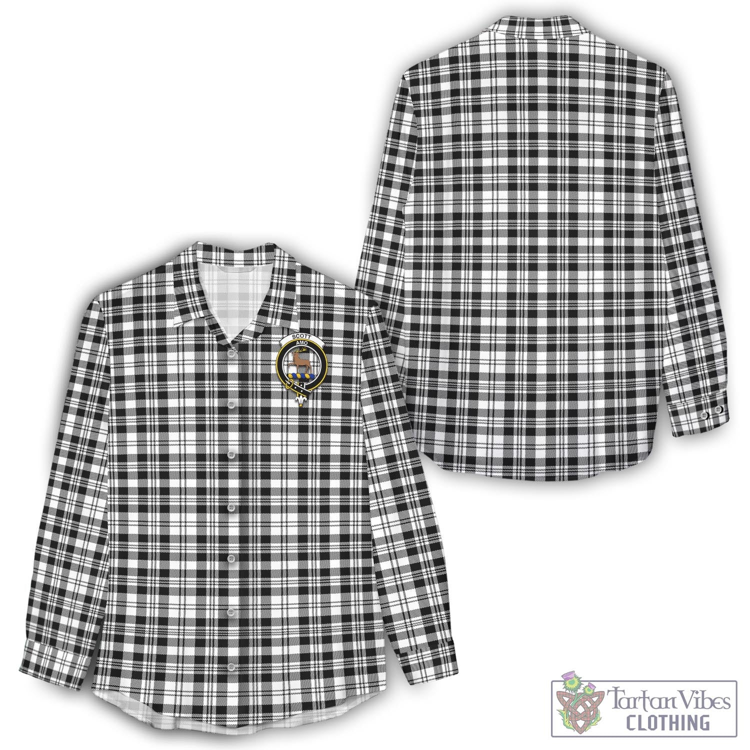 Tartan Vibes Clothing Scott Black White Tartan Womens Casual Shirt with Family Crest