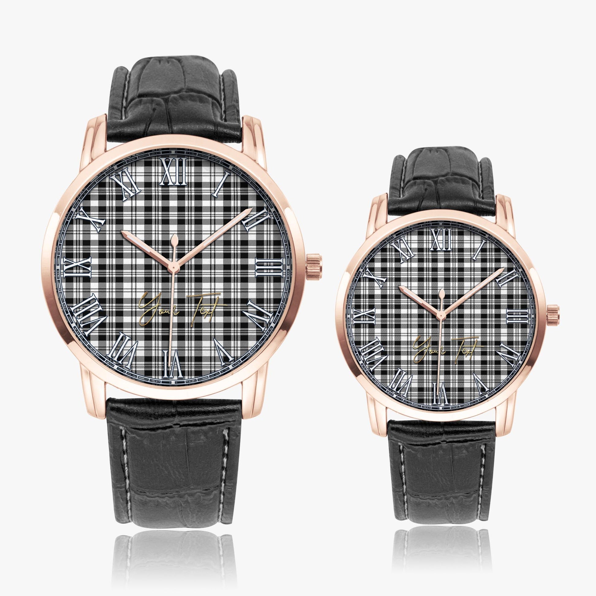 Scott Black White Tartan Personalized Your Text Leather Trap Quartz Watch Wide Type Rose Gold Case With Black Leather Strap - Tartanvibesclothing