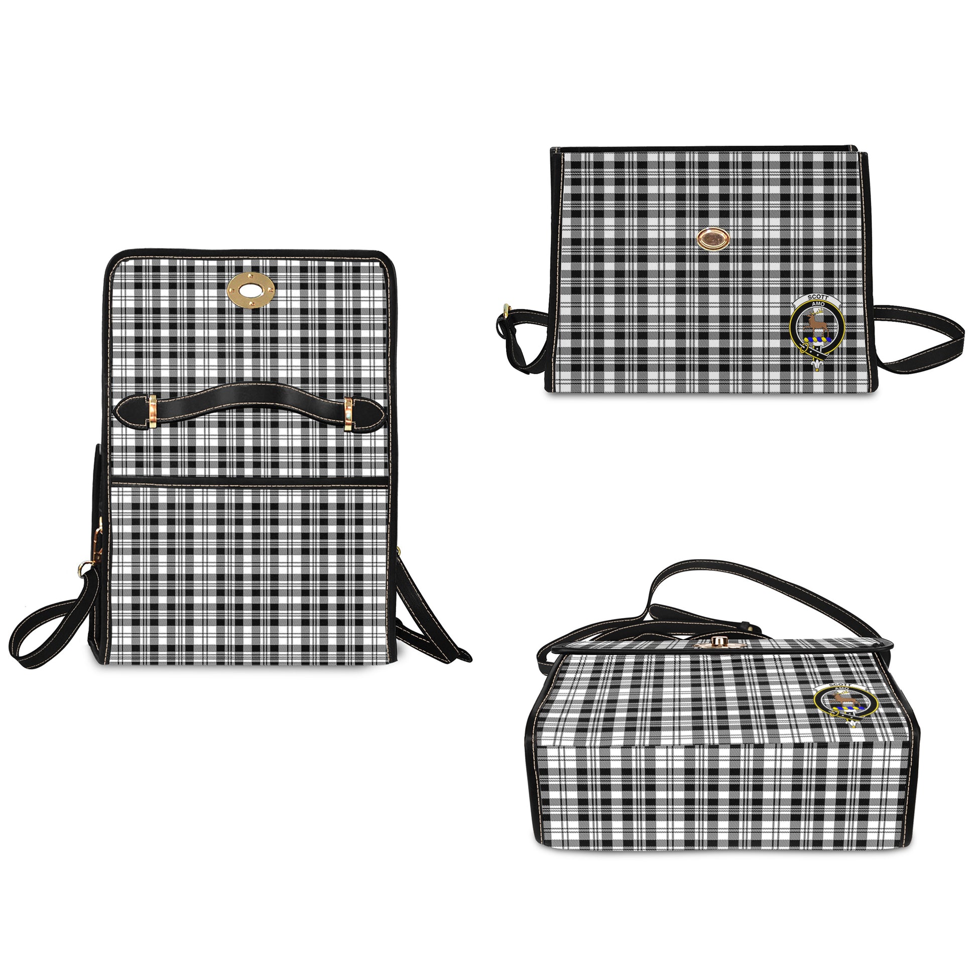 scott-black-white-tartan-leather-strap-waterproof-canvas-bag-with-family-crest