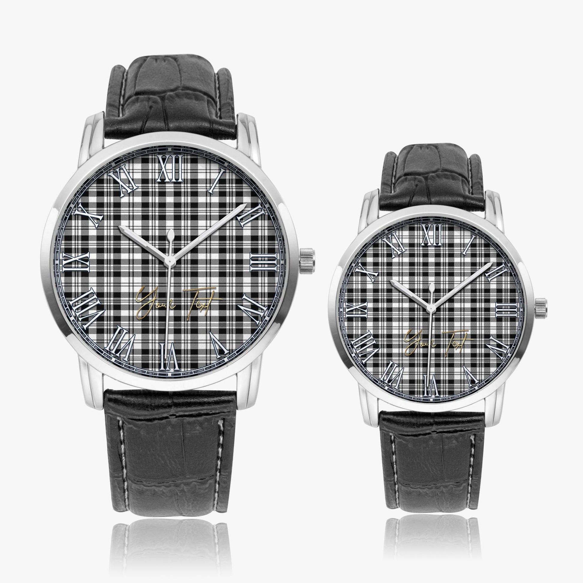 Scott Black White Tartan Personalized Your Text Leather Trap Quartz Watch Wide Type Silver Case With Black Leather Strap - Tartanvibesclothing