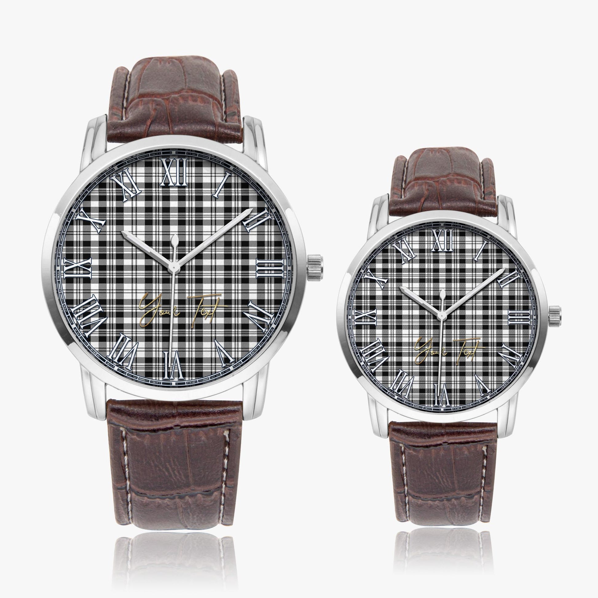 Scott Black White Tartan Personalized Your Text Leather Trap Quartz Watch Wide Type Silver Case With Brown Leather Strap - Tartanvibesclothing