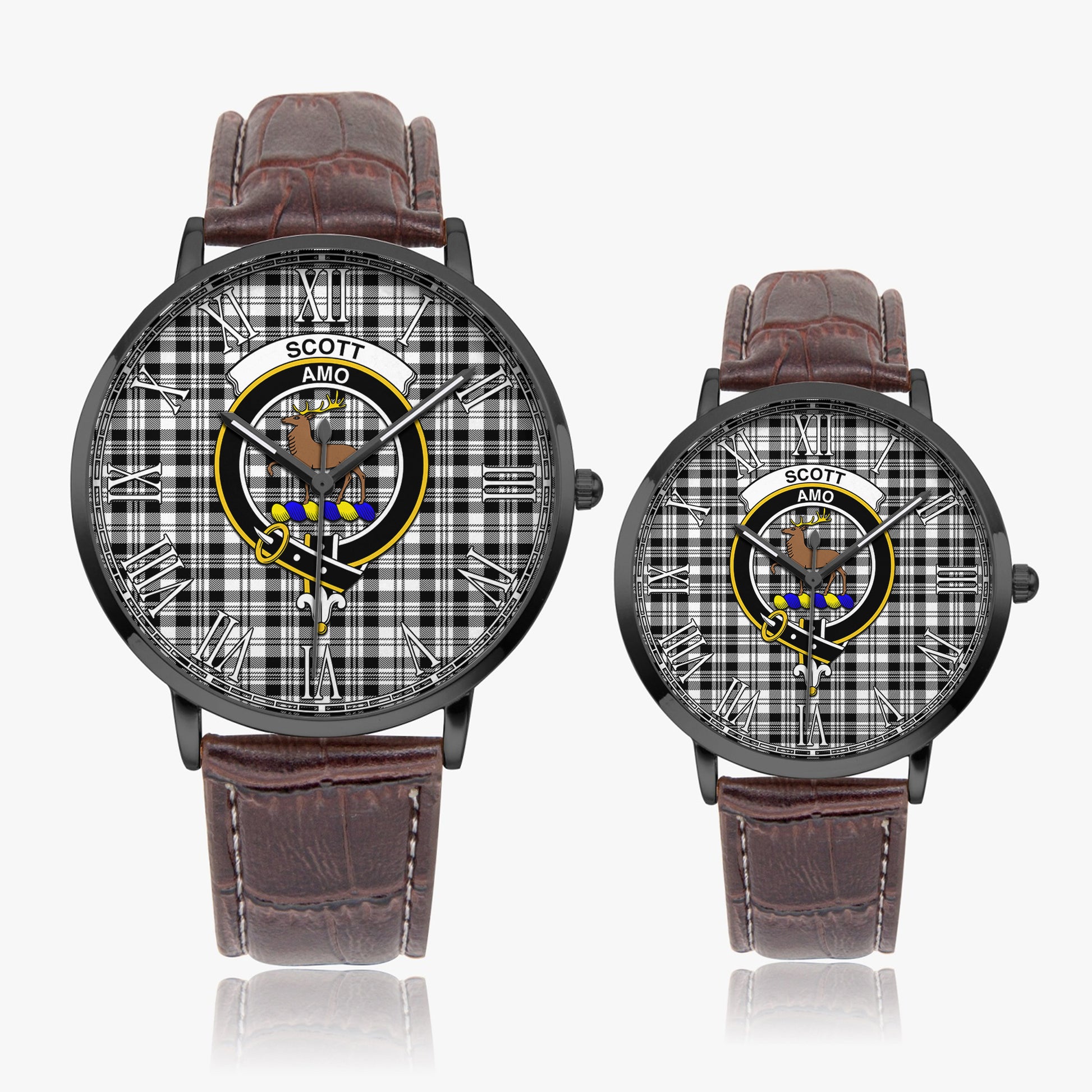 Scott Black White Tartan Family Crest Leather Strap Quartz Watch - Tartanvibesclothing