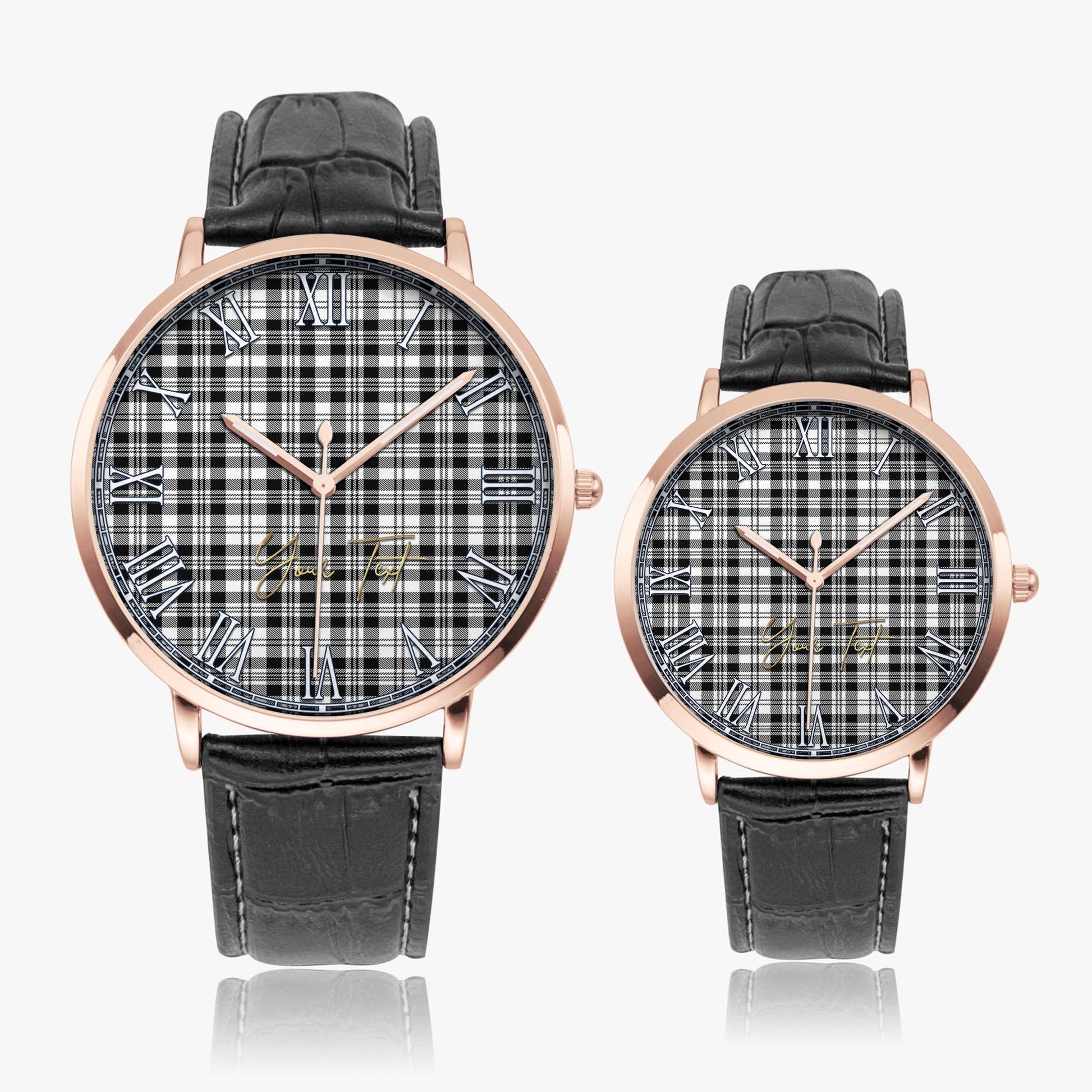Scott Black White Tartan Personalized Your Text Leather Trap Quartz Watch Ultra Thin Rose Gold Case With Black Leather Strap - Tartanvibesclothing