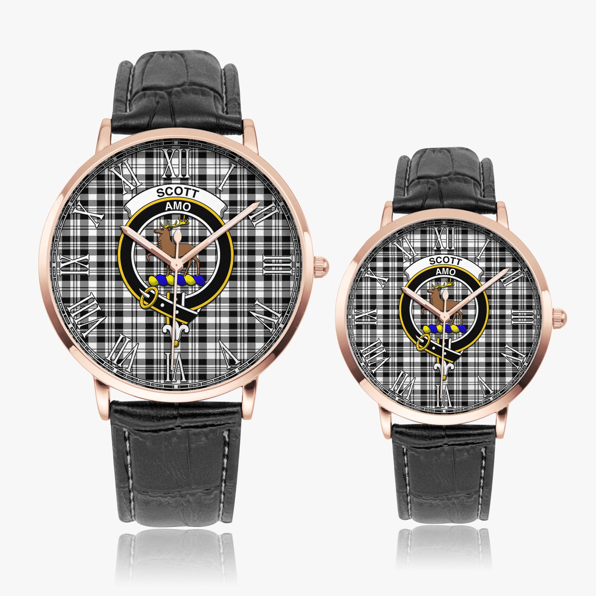 Scott Black White Tartan Family Crest Leather Strap Quartz Watch - Tartanvibesclothing