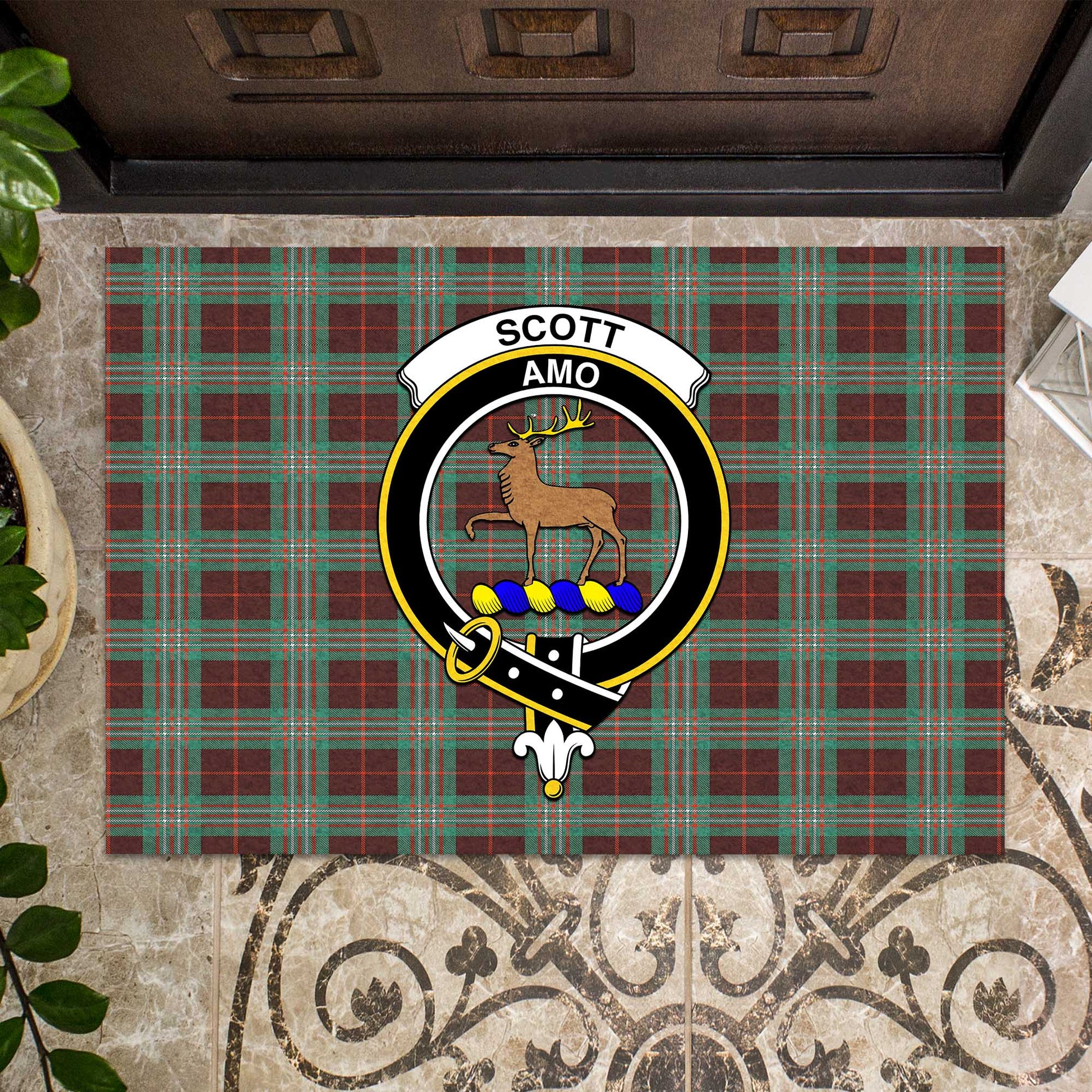 Scott Brown Ancient Tartan Door Mat with Family Crest - Tartanvibesclothing Shop
