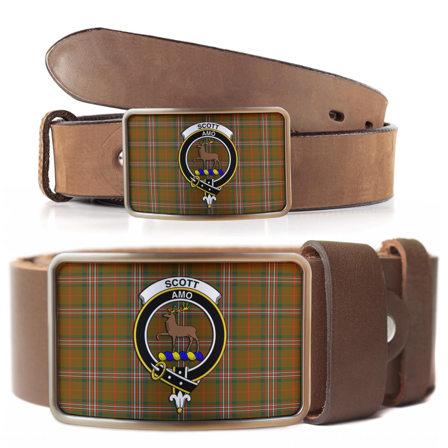 Scott Brown Modern Tartan Belt Buckles with Family Crest - Tartanvibesclothing Shop
