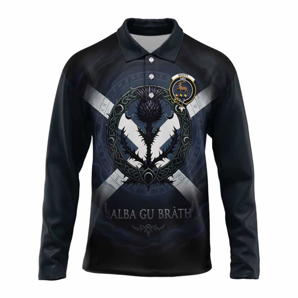 Scott Clan Crest Long Sleeve Polo Shirt with Celtic Knot Thistle and Saltire