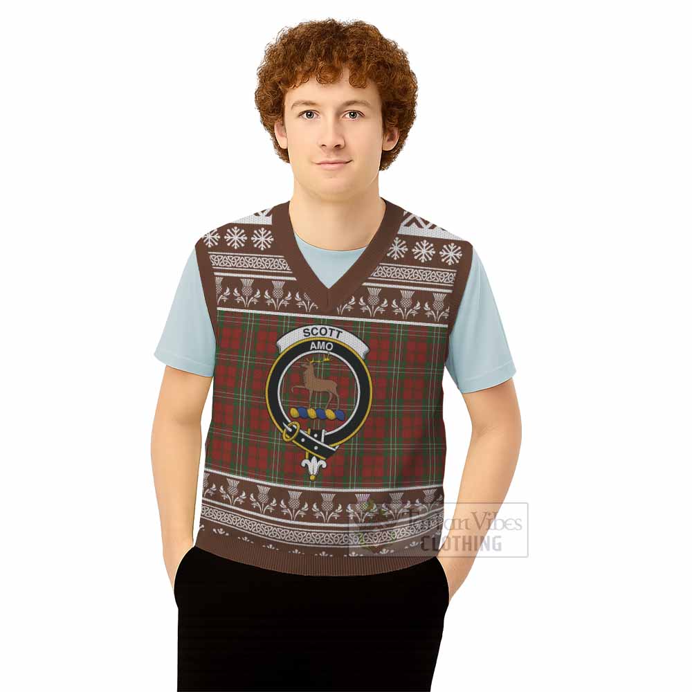 Scott Clan Tartan Christmas Knitted V-Neck Vest with Family Crest - Tartan Vibes Clothing