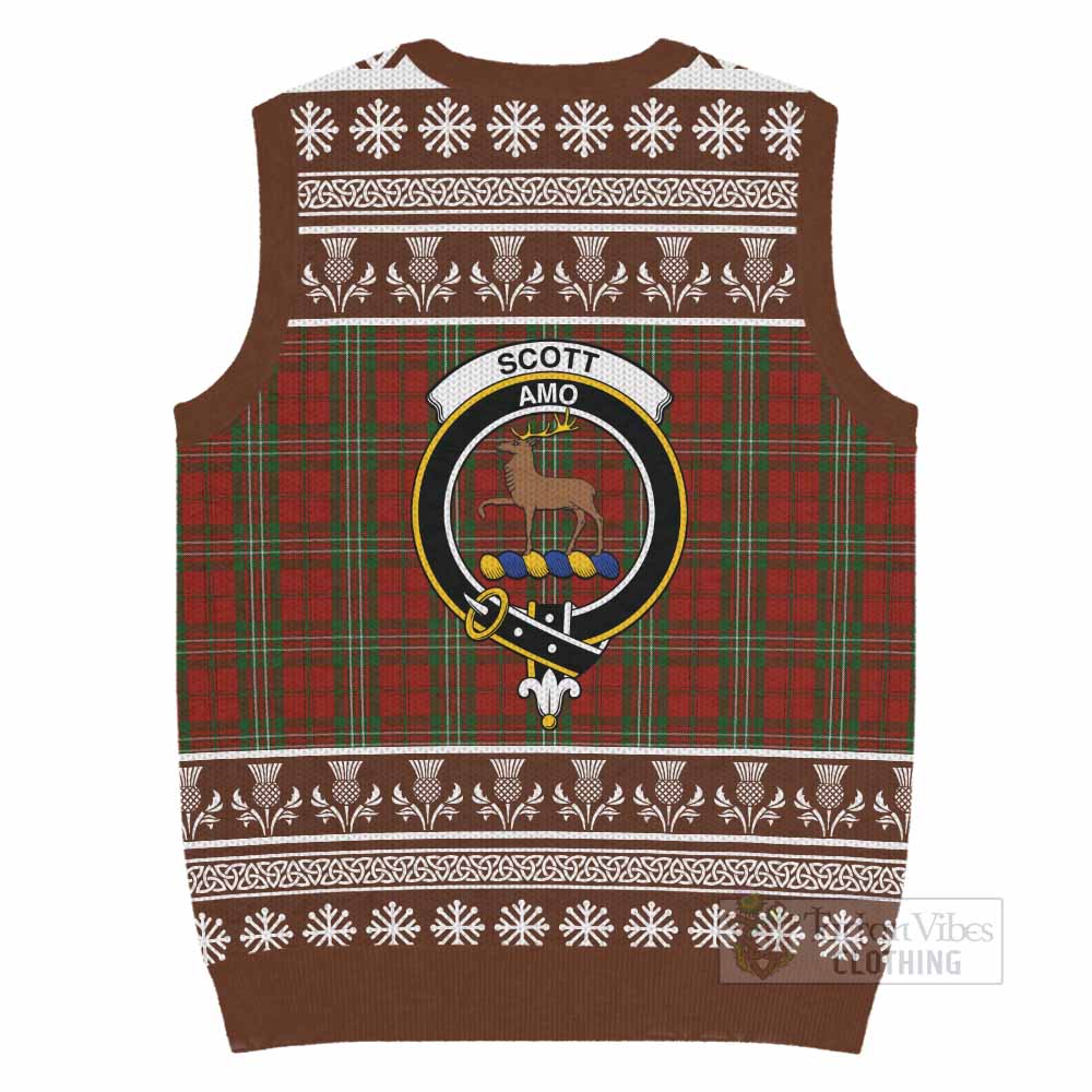 Scott Clan Tartan Christmas Knitted V-Neck Vest with Family Crest - Tartan Vibes Clothing