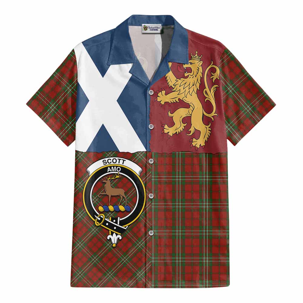 Scott Crest Tartan Cotton Hawaiian Shirt with Lion Rampant Saltire Style - Tartan Vibes Clothing