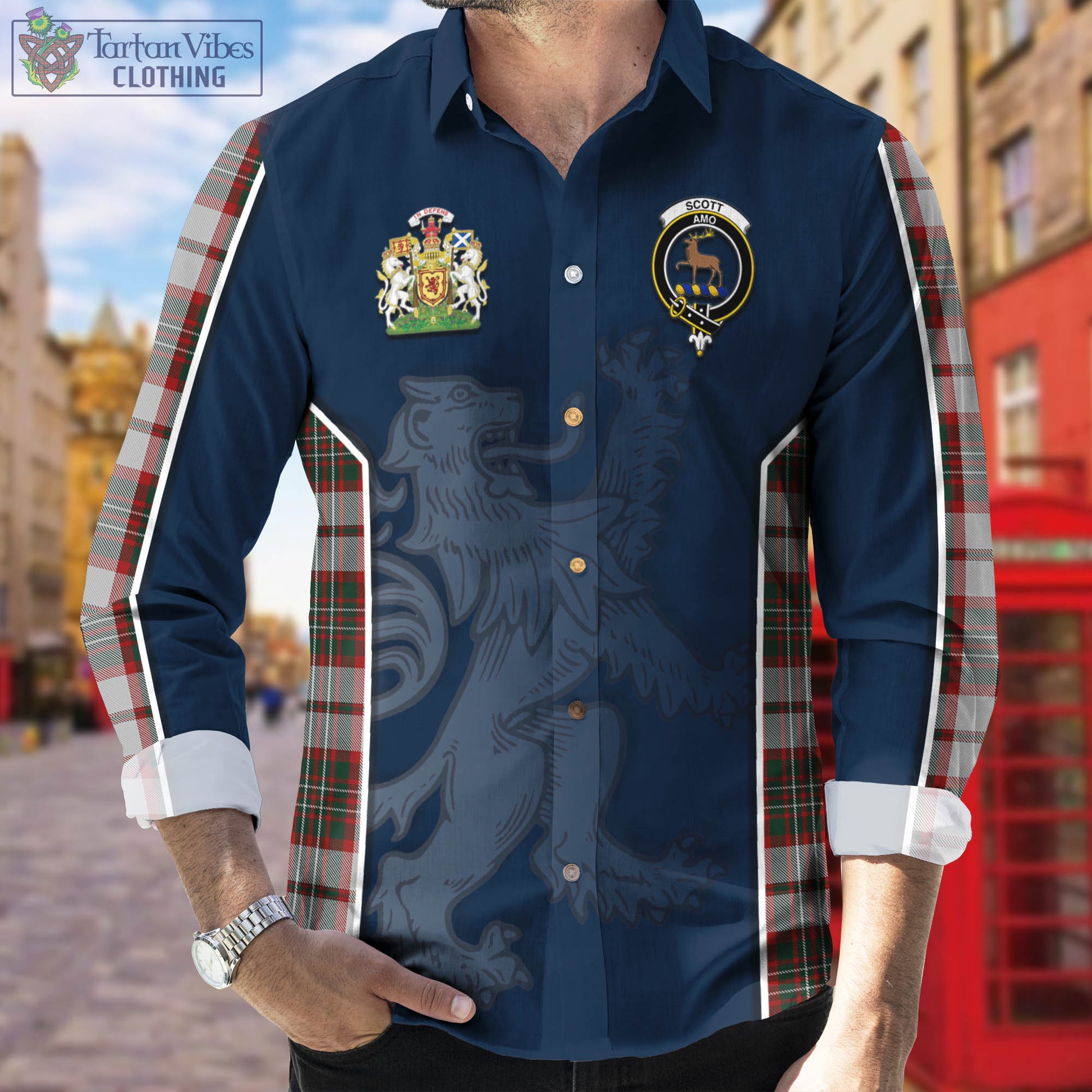 Scott Dress Tartan Long Sleeve Button Up Shirt with Family Crest and Lion Rampant Vibes Sport Style