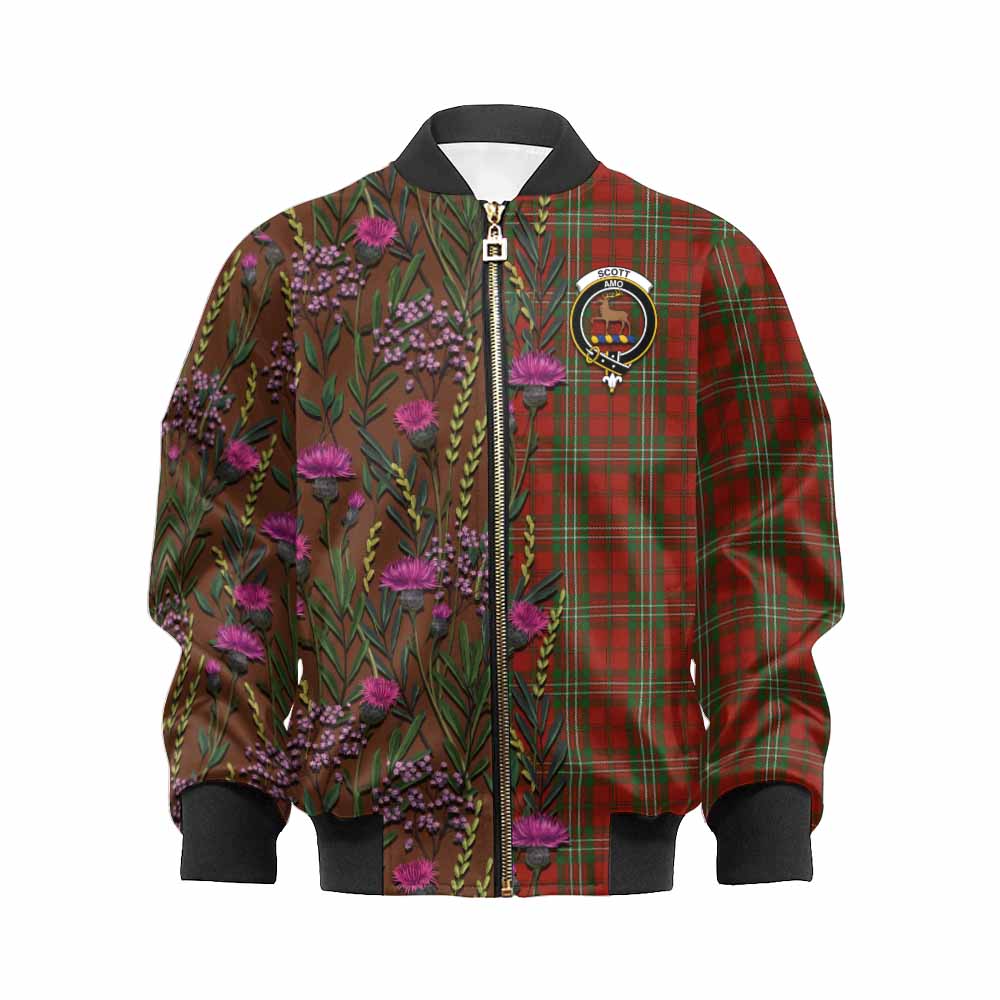 Scott Family Crest Tartan Kid Bomber Jacket Scottish Thistle Flower Pattern Half Style - Tartan Vibes Clothing