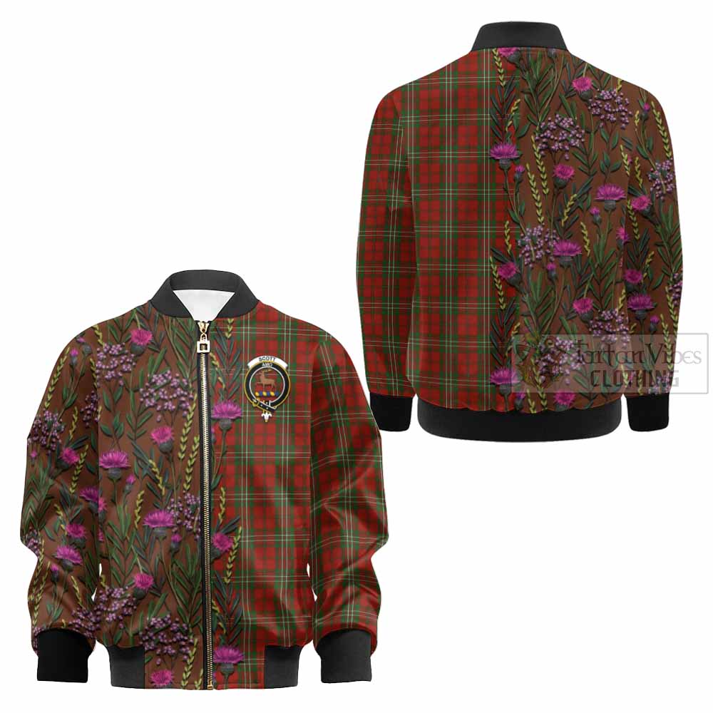 Scott Family Crest Tartan Kid Bomber Jacket Scottish Thistle Flower Pattern Half Style - Tartan Vibes Clothing