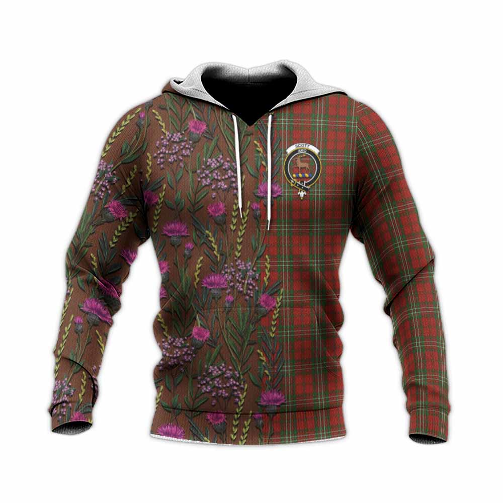 Scott Family Crest Tartan Knitted Hoodie Scottish Thistle Flower Pattern Half Style - Tartan Vibes Clothing