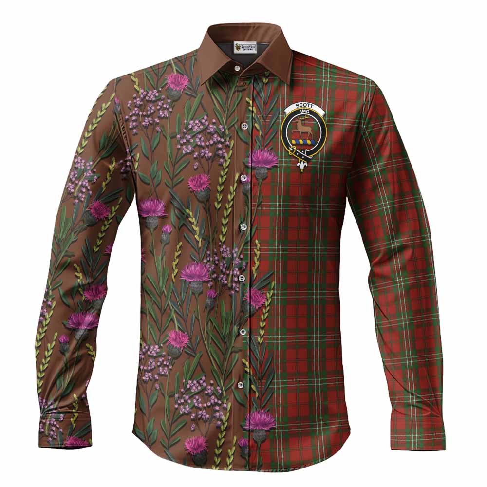 Scott Family Crest Tartan Long Sleeve Button Shirts Scottish Thistle Flower Pattern Half Style - Tartan Vibes Clothing