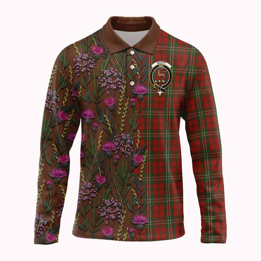 Scott Family Crest Tartan Long Sleeve Polo Shirt Scottish Thistle Flower Pattern Half Style - Tartan Vibes Clothing