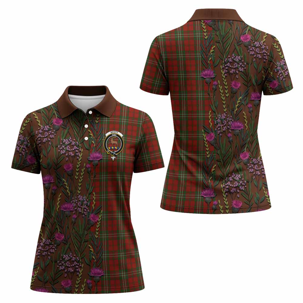 Scott Family Crest Tartan Women Polo Shirt Scottish Thistle Flower Pattern Half Style - Tartan Vibes Clothing