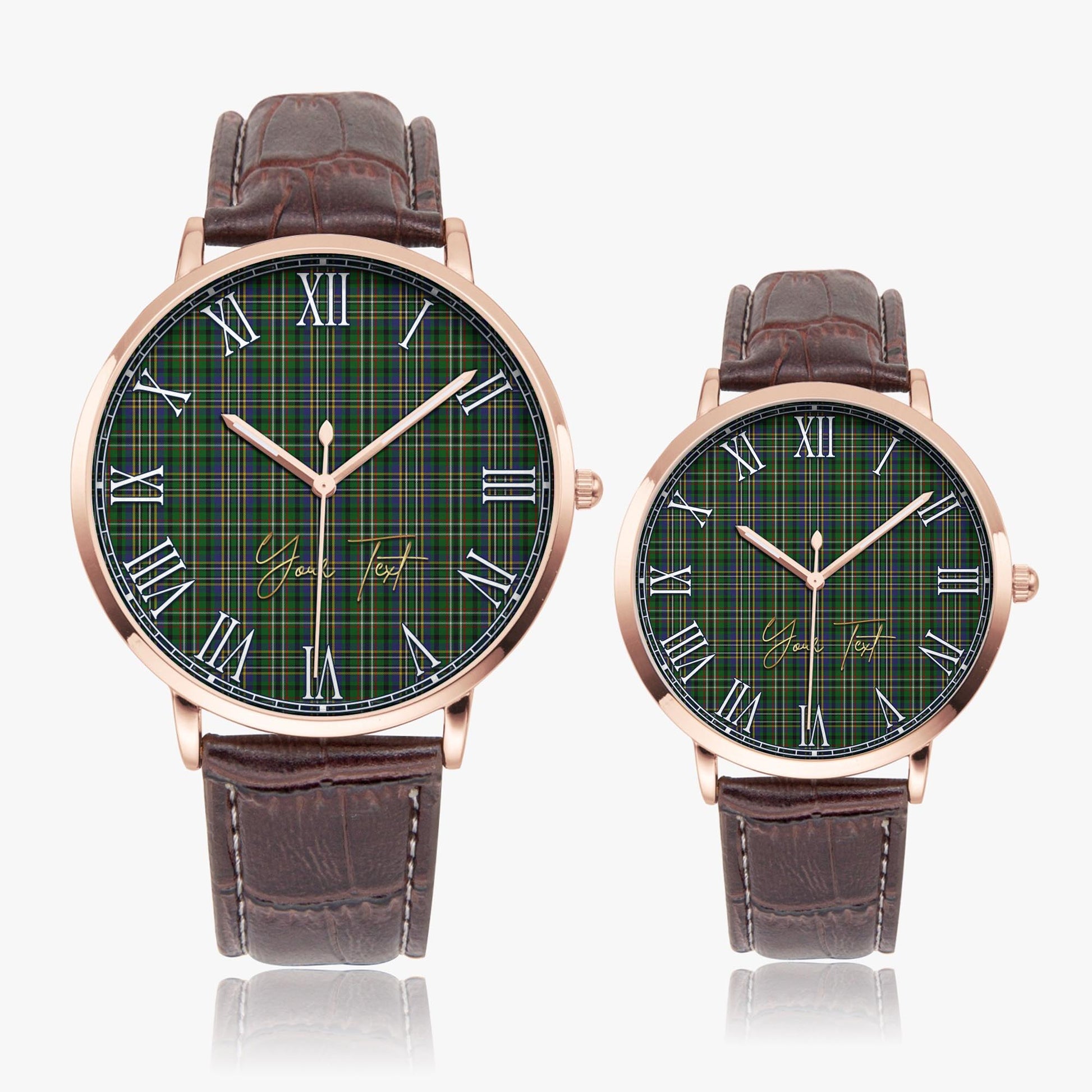 Scott Green Tartan Personalized Your Text Leather Trap Quartz Watch Ultra Thin Rose Gold Case With Brown Leather Strap - Tartanvibesclothing