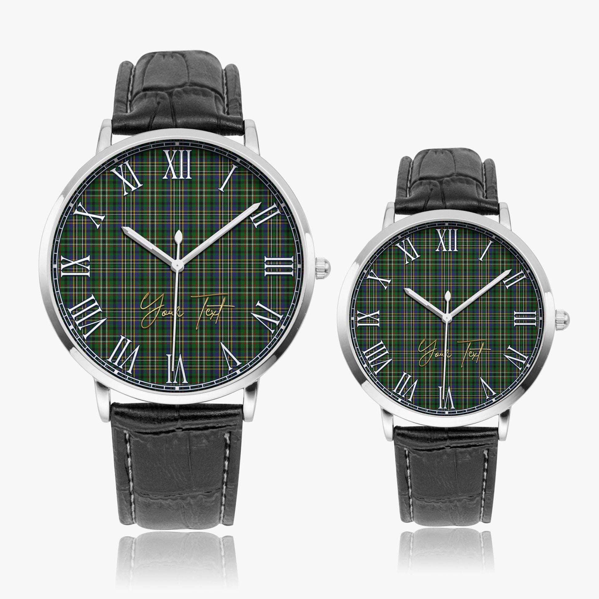 Scott Green Tartan Personalized Your Text Leather Trap Quartz Watch Ultra Thin Silver Case With Black Leather Strap - Tartanvibesclothing