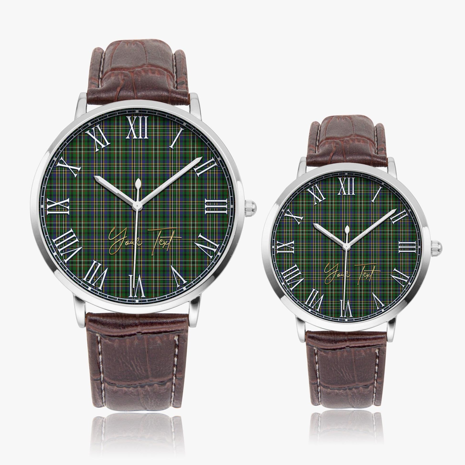Scott Green Tartan Personalized Your Text Leather Trap Quartz Watch Ultra Thin Silver Case With Brown Leather Strap - Tartanvibesclothing
