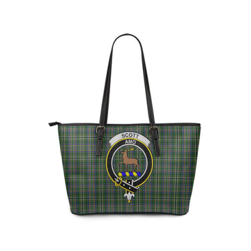 Scott Green Tartan Leather Tote Bag with Family Crest