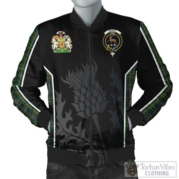 Scott Green Tartan Bomber Jacket with Family Crest and Scottish Thistle Vibes Sport Style