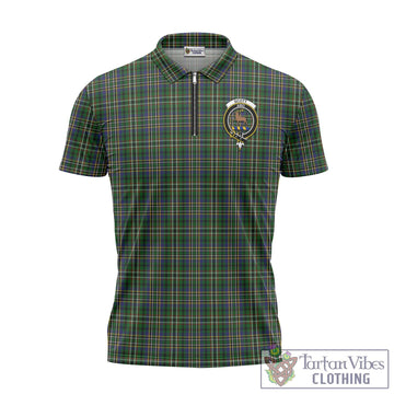 Scott Green Tartan Zipper Polo Shirt with Family Crest