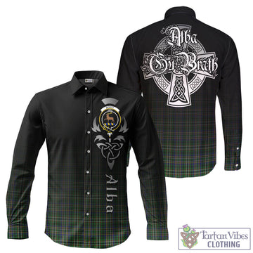 Scott Green Tartan Long Sleeve Button Up Featuring Alba Gu Brath Family Crest Celtic Inspired
